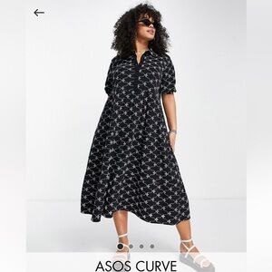 NWOT ASOS DESIGN Curve Broderie Midi Tiered Shirt Dress with Short Sleeves